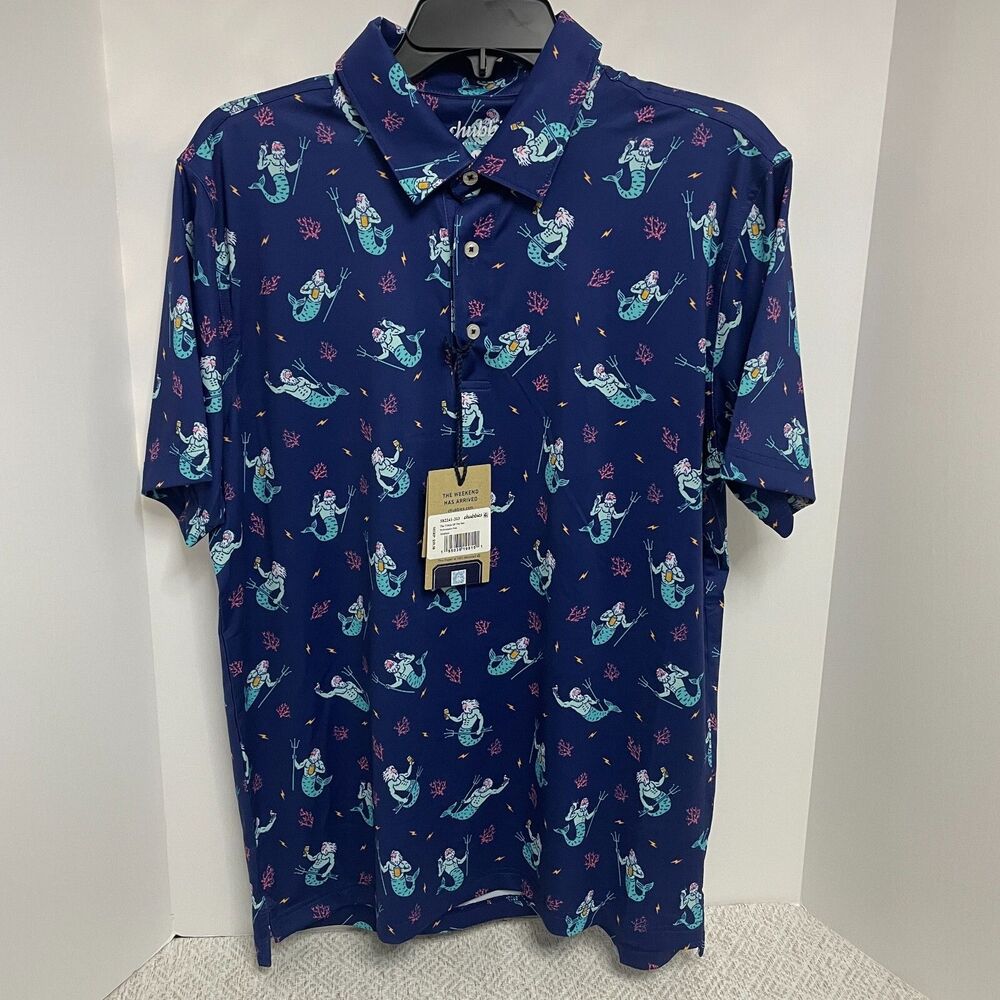 Chubbies Mens M The Triton Of The Sea Performance Polo Blue NWT